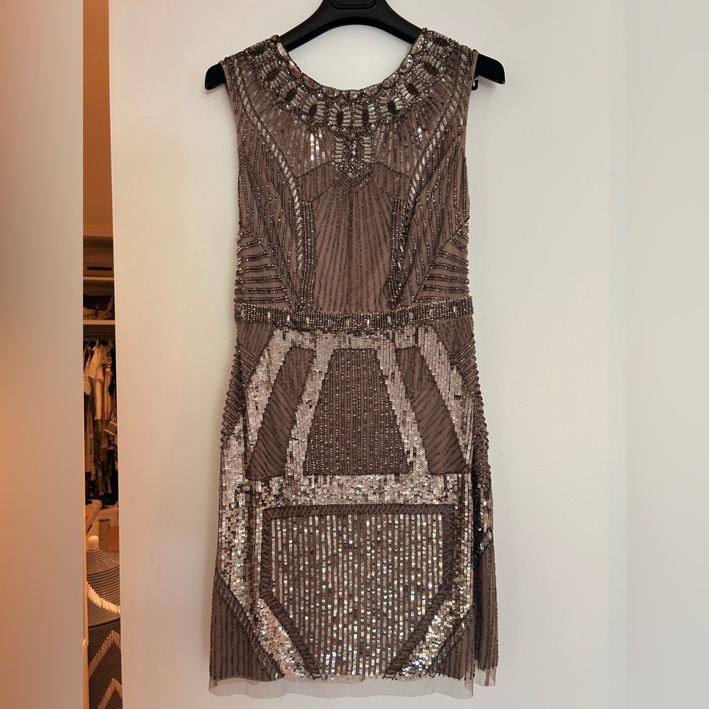 Aidan Mattox Bronze Taupe Beaded Sheath Midi Dress